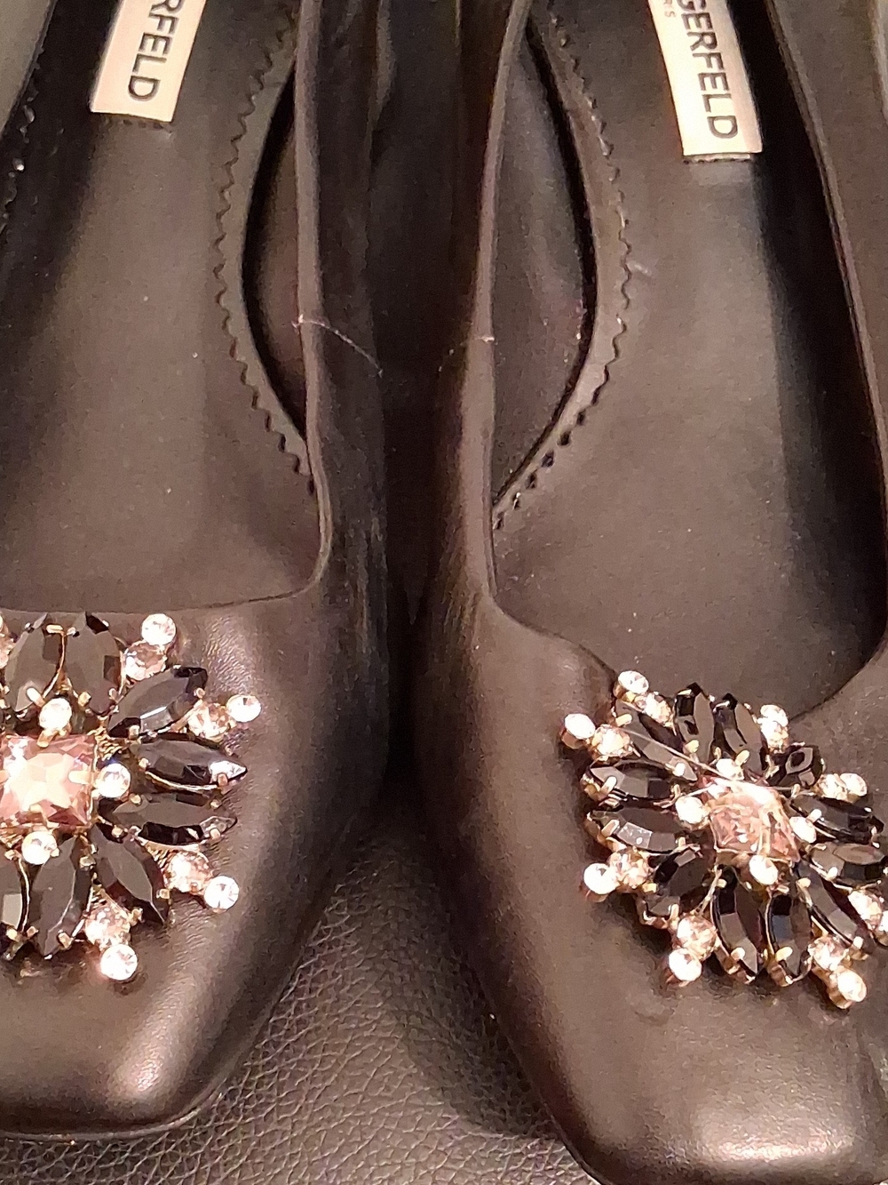 Karl Lagerfeld Black Leather Flats with Crystal Brooches